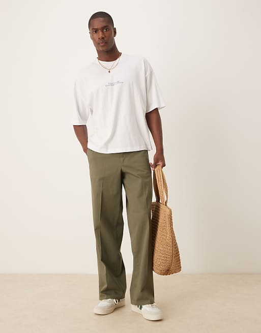 DESIGN cotton twill wide leg trousers in green
