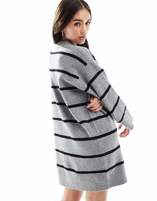 DESIGN Crew Neck Mini Dress With Wide Cuff In Grey Stripe