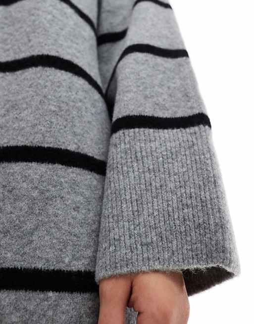 DESIGN Crew Neck Mini Dress With Wide Cuff In Grey Stripe