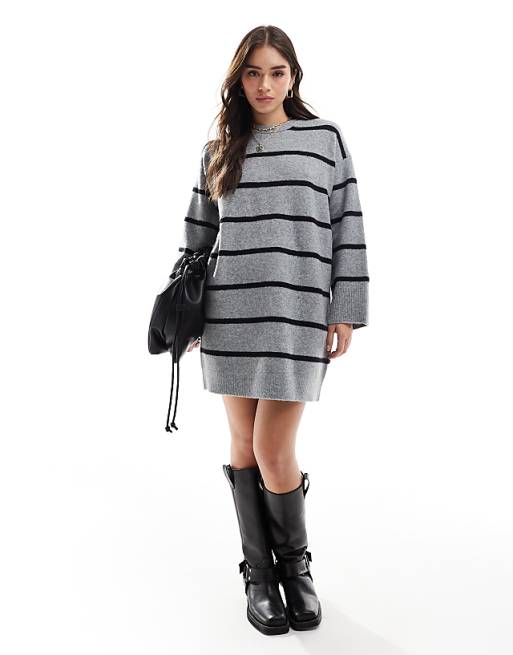 DESIGN Crew Neck Mini Dress With Wide Cuff In Grey Stripe