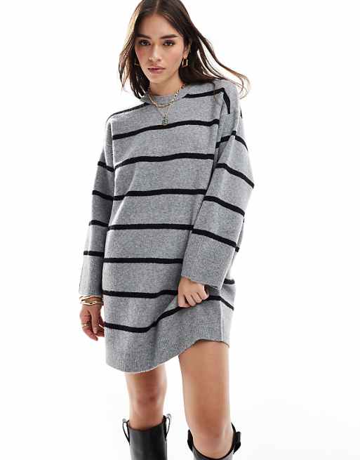 DESIGN crew neck mini dress with wide cuff in grey stripe