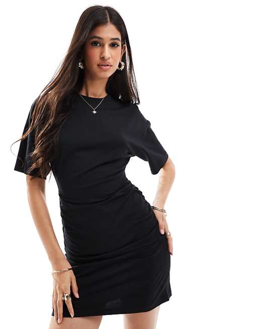 DESIGN Crew Neck Mini T-shirt Dress With Ruched Sides In Black