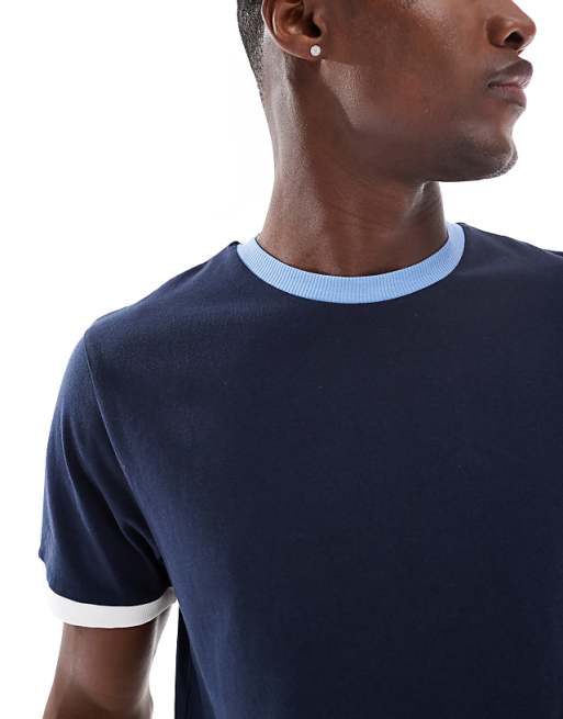DESIGN Crew Neck Ringer T-shirt In Navy