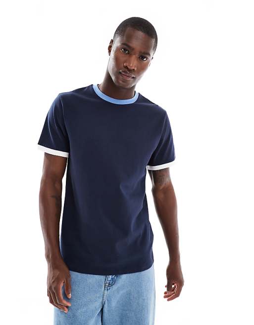 DESIGN crew neck ringer t-shirt in navy