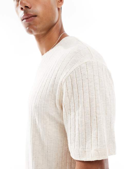DESIGN Crew Neck T-shirt In Beige Linen Look