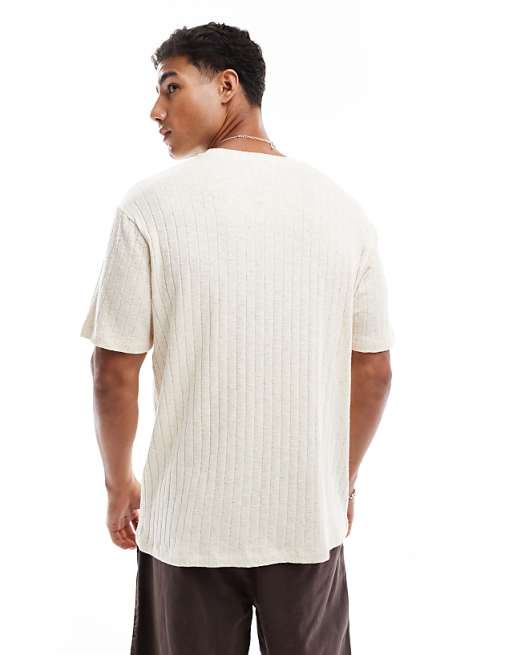DESIGN Crew Neck T-shirt In Beige Linen Look