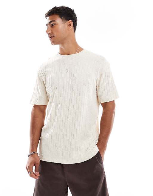 DESIGN crew neck t-shirt in beige linen look