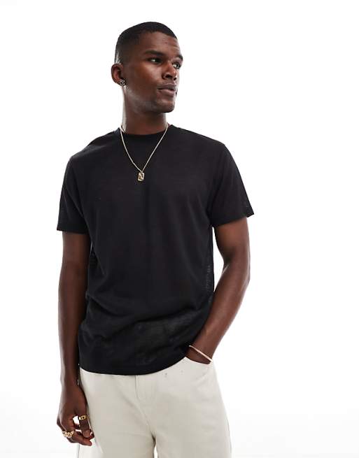 DESIGN crew neck t-shirt in black linen look