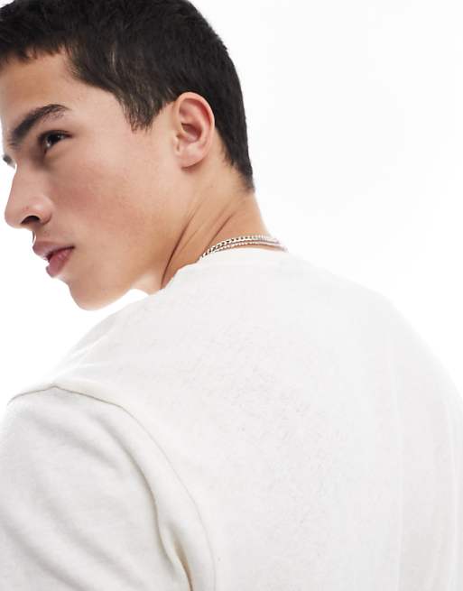 DESIGN Crew Neck T-shirt In Cream Linen Look