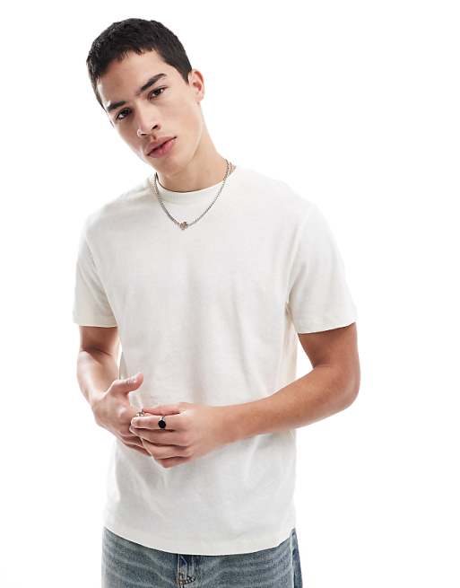 DESIGN crew neck t-shirt in cream linen look