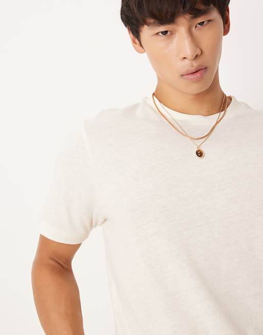 DESIGN Crew Neck T-shirt In Cream Linen Mix