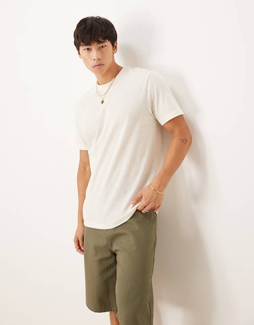 DESIGN crew neck t-shirt in cream linen mix