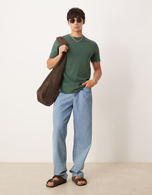 DESIGN Crew Neck T-shirt With Contrast Blanket Stitch In Green