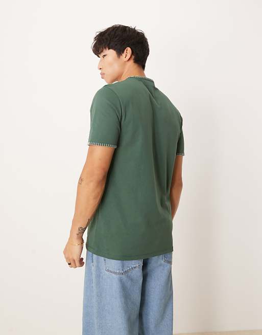 DESIGN Crew Neck T-shirt With Contrast Blanket Stitch In Green
