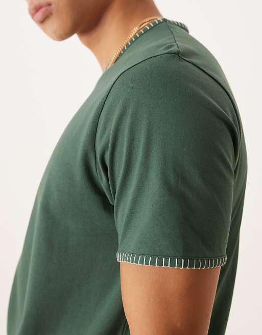 DESIGN Crew Neck T-shirt With Contrast Blanket Stitch In Green