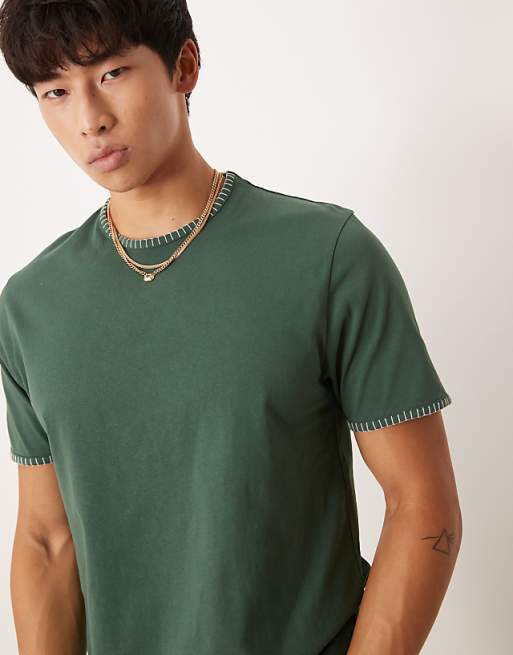 DESIGN crew neck t-shirt with contrast blanket stitch in green