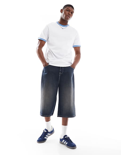 DESIGN Crew Neck T-shirt With Contrast Blue Binding In White