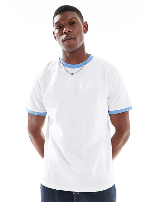 DESIGN Crew Neck T-shirt With Contrast Blue Binding In White