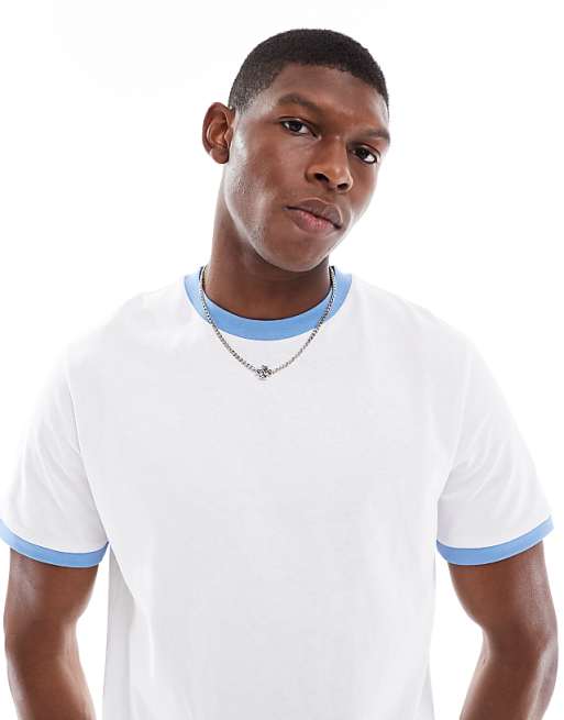 DESIGN crew neck t-shirt with contrast blue binding in white