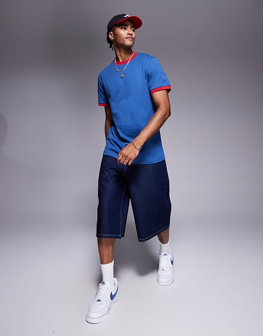 DESIGN Crew Neck T-shirt With Contrast Red Binding In Blue