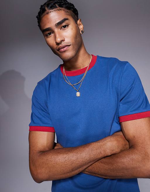 DESIGN Crew Neck T-shirt With Contrast Red Binding In Blue