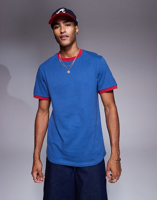 DESIGN crew neck t-shirt with contrast red binding in blue