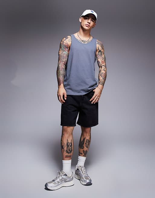 DESIGN Crew Neck Tank In Charcoal Linen Mix