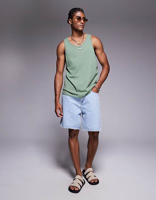 DESIGN Crew Neck Tank In Sage Linen Mix