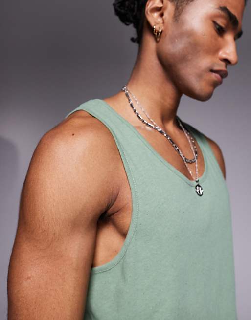 DESIGN Crew Neck Tank In Sage Linen Mix
