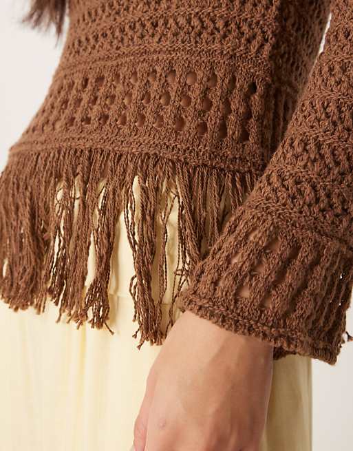DESIGN Crochet Look Off Shoulder Jumper With Fringe Hem In Chocolate