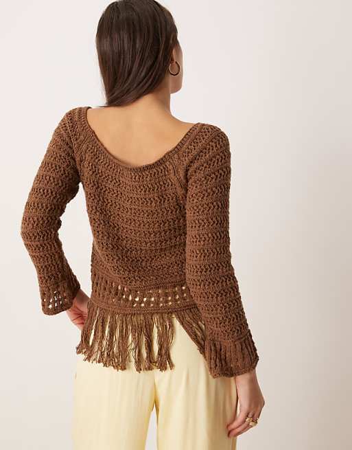 DESIGN Crochet Look Off Shoulder Jumper With Fringe Hem In Chocolate