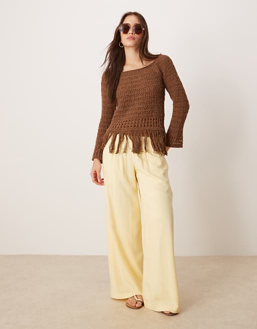 DESIGN Crochet Look Off Shoulder Jumper With Fringe Hem In Chocolate