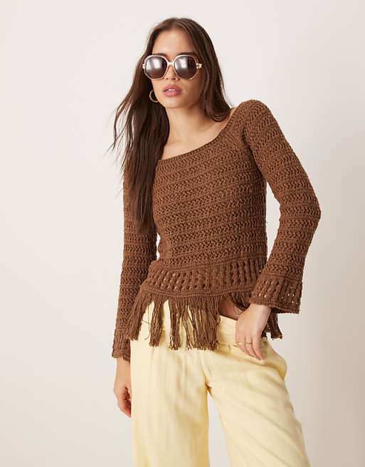 DESIGN crochet look off shoulder jumper with fringe hem in chocolate