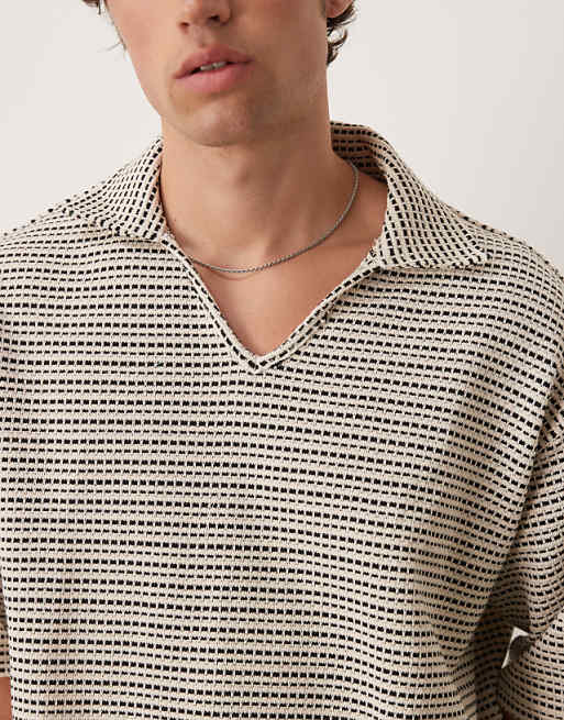 DESIGN Crochet Oversized Striped Polo Shirt Co-ord In Black And White
