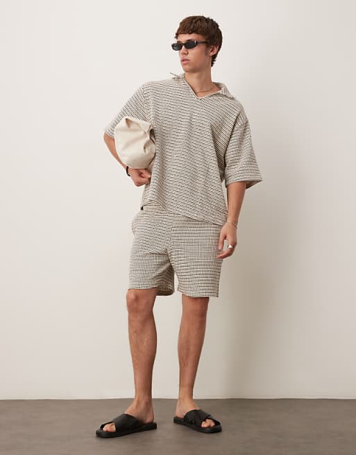 DESIGN Crochet Oversized Striped Polo Shirt Co-ord In Black And White