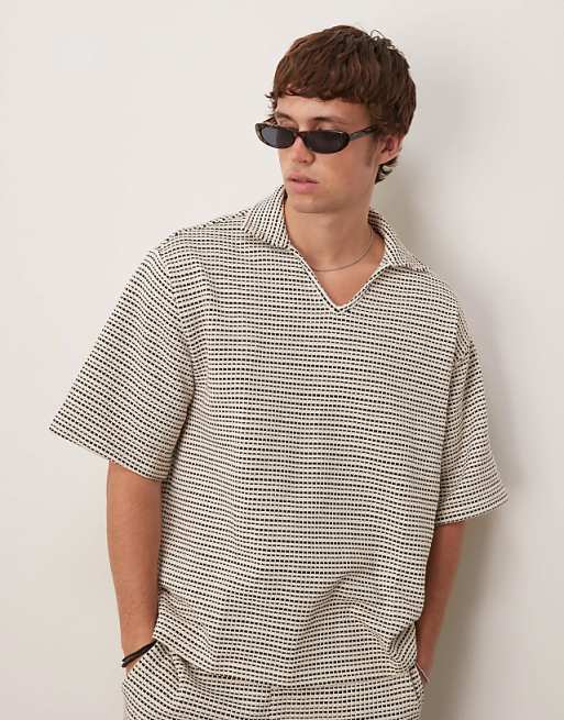 DESIGN crochet oversized striped polo shirt co-ord in black and white