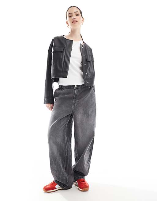 DESIGN Cropped Collarless Leather Look Jacket In Black