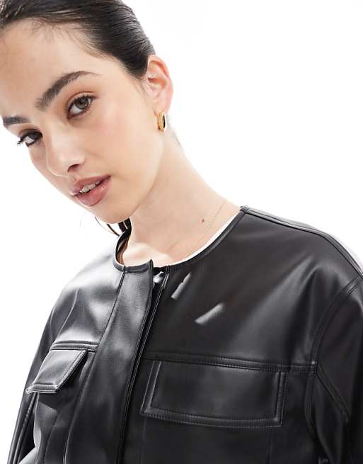 DESIGN Cropped Collarless Leather Look Jacket In Black