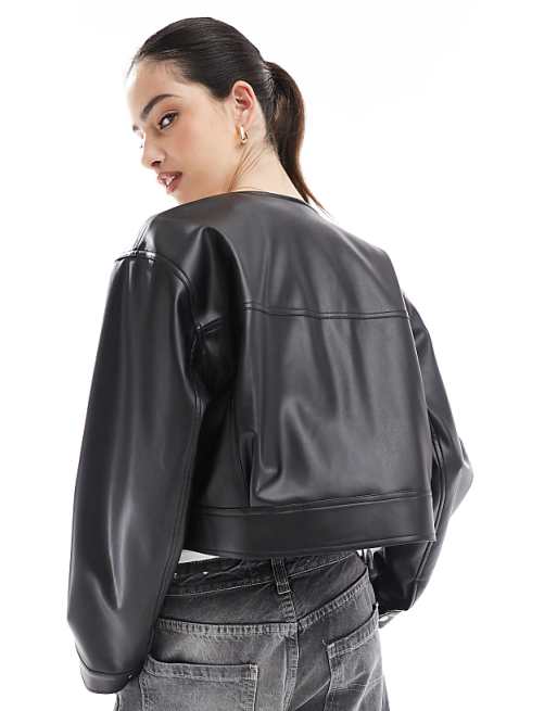 DESIGN Cropped Collarless Leather Look Jacket In Black