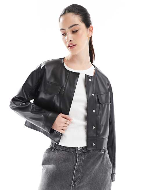 DESIGN cropped collarless leather look jacket in black