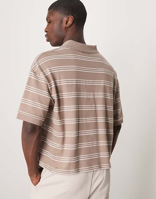 DESIGN Cropped Oversized Polo In Beige Stripe
