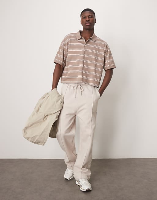 DESIGN Cropped Oversized Polo In Beige Stripe