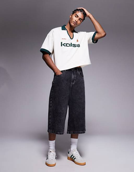 DESIGN Cropped Oversized Polo With Chest Embroidery And Contrast Collar In Cream