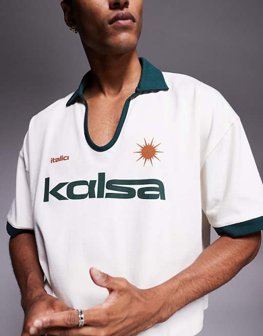 DESIGN Cropped Oversized Polo With Chest Embroidery And Contrast Collar In Cream