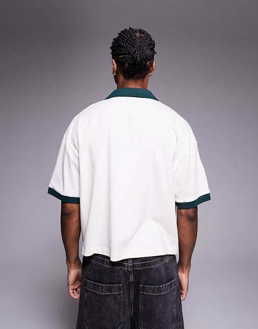 DESIGN Cropped Oversized Polo With Chest Embroidery And Contrast Collar In Cream