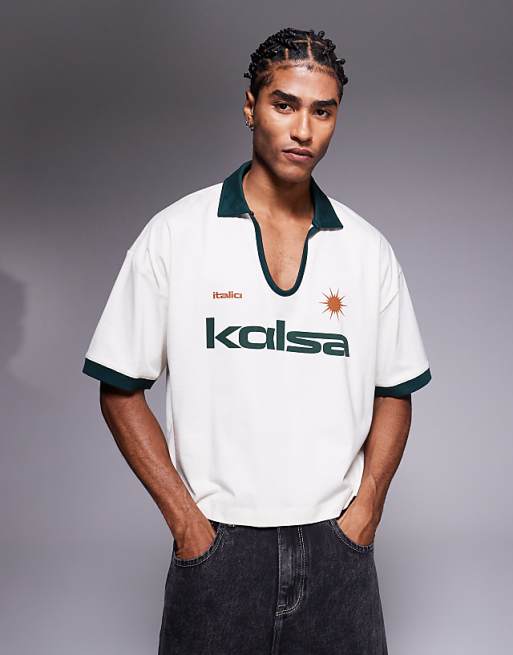 DESIGN cropped oversized polo with chest embroidery and contrast collar in cream