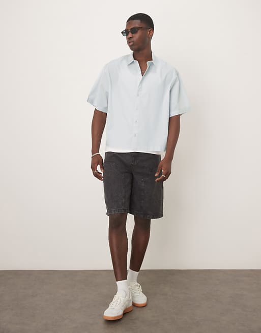 DESIGN Cropped Oversized Poplin Shirt In Blue