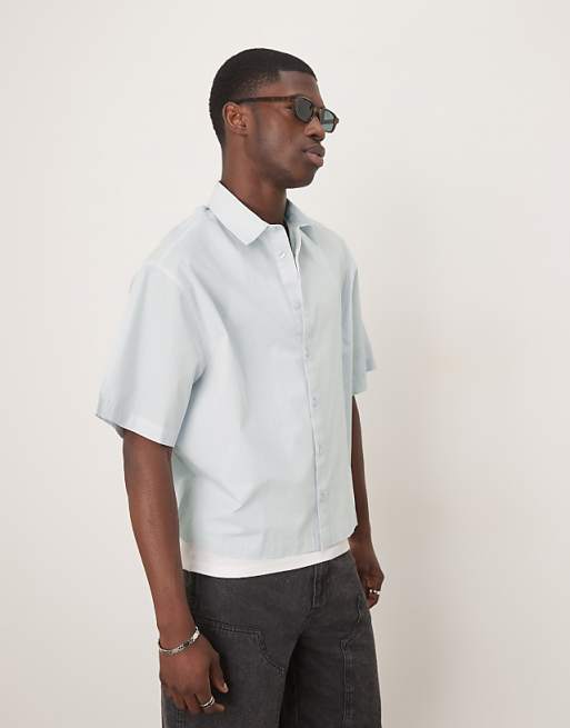 DESIGN cropped oversized poplin shirt in blue