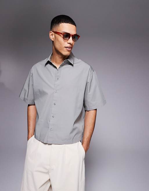 DESIGN cropped oversized poplin shirt in grey