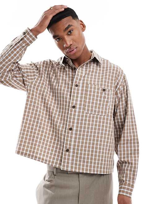 DESIGN cropped oversized shirt in brown check